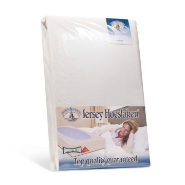 Topkwaliteit dubbeldoeks jersey hoeslaken van het merk Harris en Darwin in het ecru. Voor de matras maat 70/80x200/220cm.