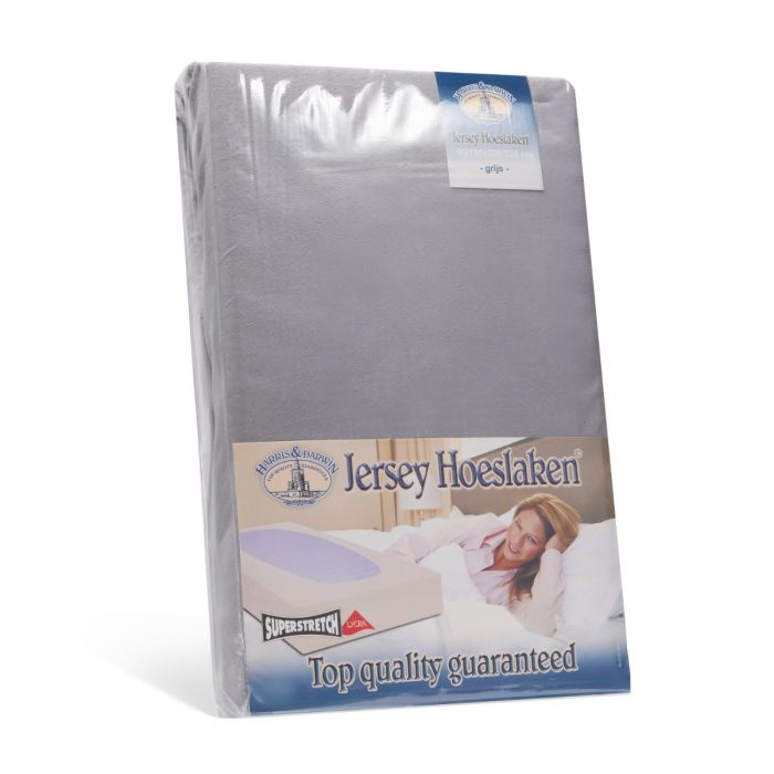 Topkwaliteit dubbeldoeks jersey hoeslaken van het merk Harris en Darwin in het grijs. Voor de extra hoge matras op de maat 70/80x200/220cm.