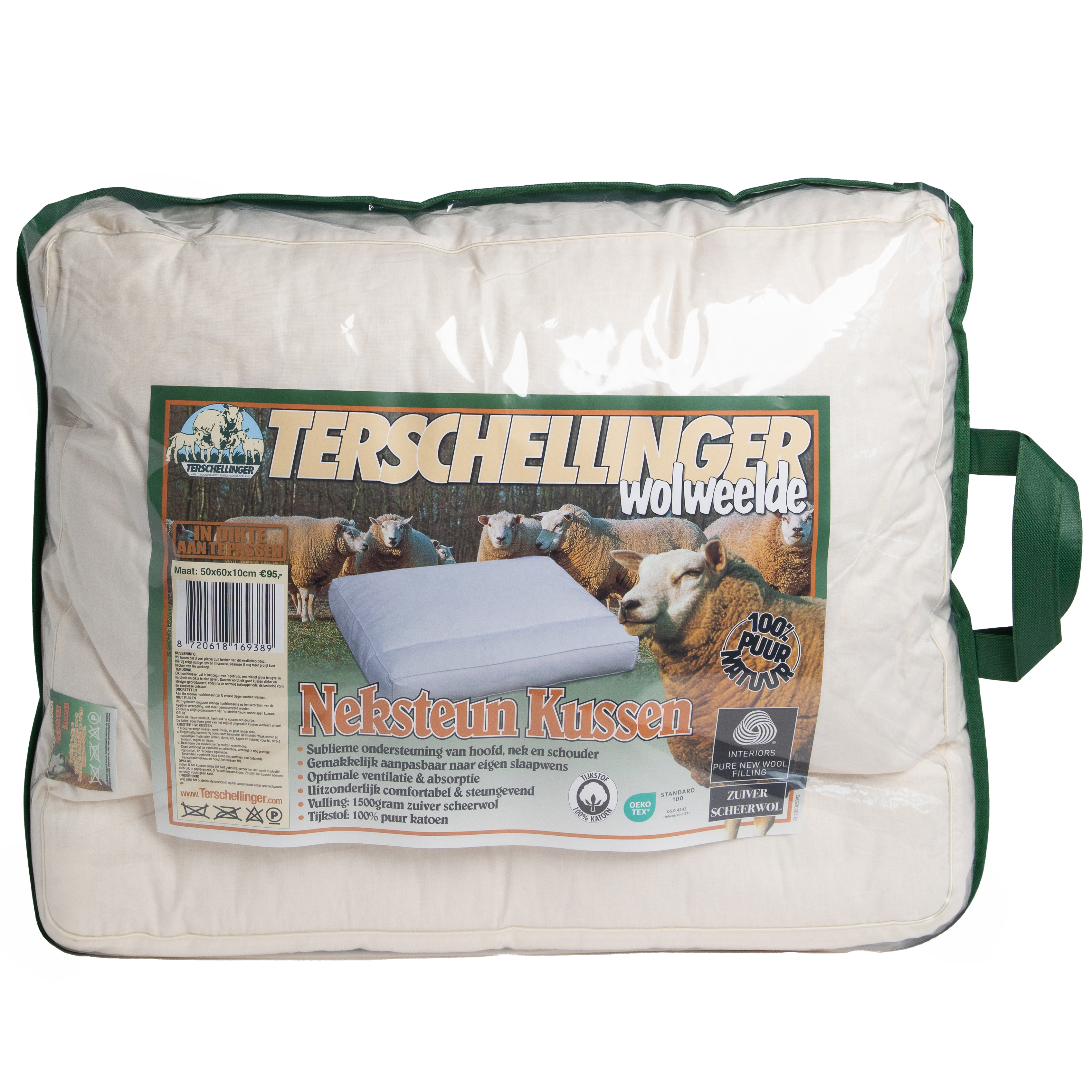 Verpakking van Terschellinger ondersteunend wollen neksteun kussen